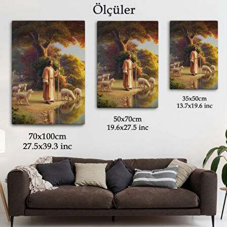 Hristiyan Duvar Sanatı, Kuzular ve Göl Kenarında İsa Mesih Dekoratif Kanvas Tablo 5272