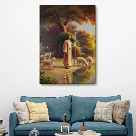 Hristiyan Duvar Sanatı, Kuzular ve Göl Kenarında İsa Mesih Dekoratif Kanvas Tablo 5272