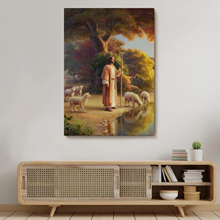 Hristiyan Duvar Sanatı, Kuzular ve Göl Kenarında İsa Mesih Dekoratif Kanvas Tablo 5272