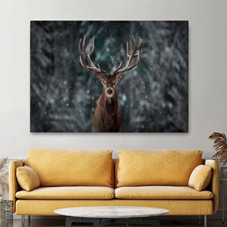 Ren Geyiği ve Kar Kış Ormanı Dekoratif Kanvas Tablo, Duvar Dekoru 5370