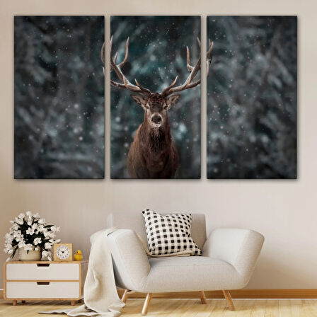 Ren Geyiği ve Kar Kış Ormanı Dekoratif Kanvas Tablo, Duvar Dekoru 5370