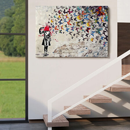 Kelebek Kız ve İntihar Banksy Dekoratif Kanvas Tablo, Duvar Dekoru 5389