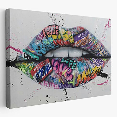 Graffiti Sokak Sanatı Dudak ve Diş Banksy Dekoratif Kanvas Tablo, Duvar Dekoru 5414