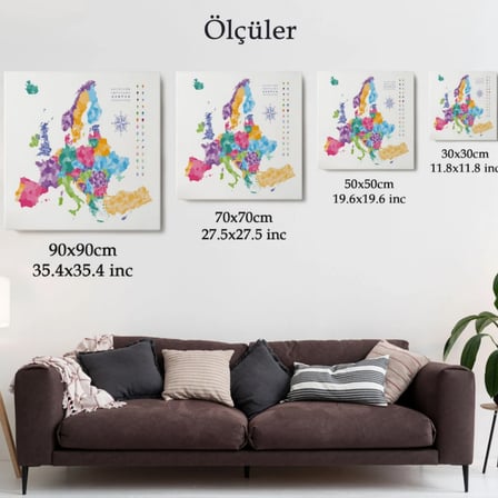 Renkli Avrupa Haritası Dekoratif Kanvas Tablo, Duvar Dekoru 5817