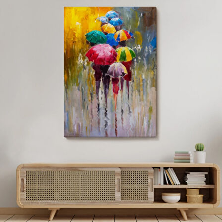 Yağlıboya Görünüm Renkli Şemsiyeler Dekoratif Kanvas Tablo, Duvar Dekoru 5932