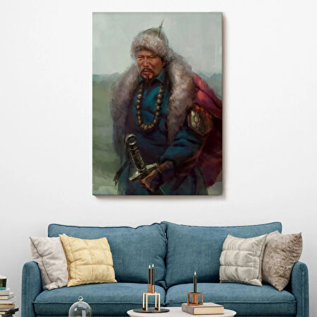 Yağlıboya Görünüm Moğol Ordular Komutanı Cengiz Han Dekoratif Kanvas Tablo, Duvar Dekoru 5965