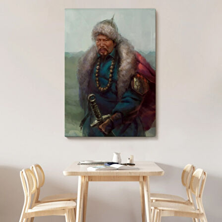 Yağlıboya Görünüm Moğol Ordular Komutanı Cengiz Han Dekoratif Kanvas Tablo, Duvar Dekoru 5965