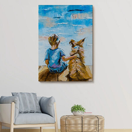 Göl Kenarı, Çocuk ve Köpeği Dekoratif Kanvas Tablo, Duvar Dekoru 5984