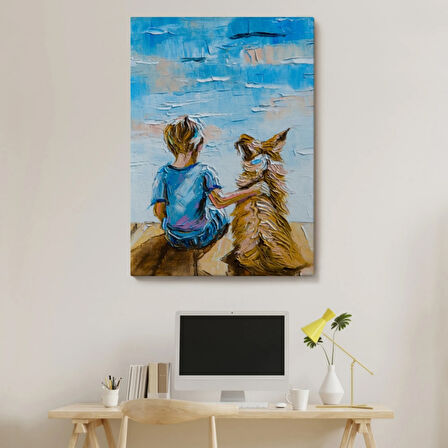 Göl Kenarı, Çocuk ve Köpeği Dekoratif Kanvas Tablo, Duvar Dekoru 5984