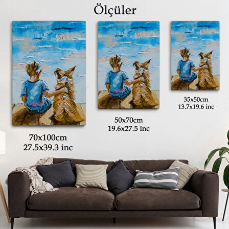 Göl Kenarı, Çocuk ve Köpeği Dekoratif Kanvas Tablo, Duvar Dekoru 5984