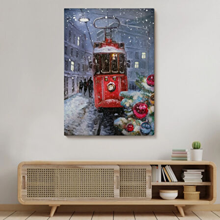 Kırmızı Tramvay ve Kar Dekoratif Kanvas Tablo, Duvar Dekoru 6003
