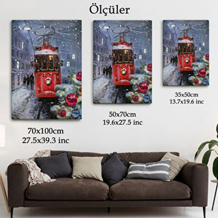 Kırmızı Tramvay ve Kar Dekoratif Kanvas Tablo, Duvar Dekoru 6003