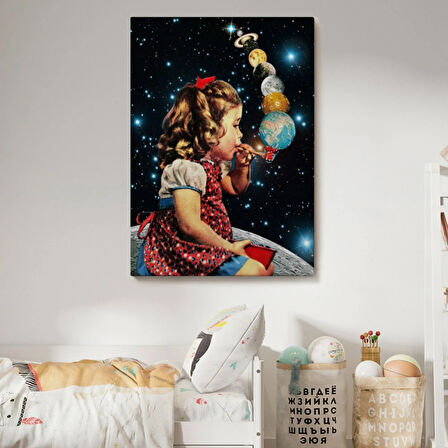 Galaksiler İle Oynayan Kız Dekoratif Kanvas Tablo, Duvar Dekoru 6042