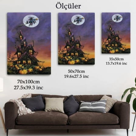 Süpürgeli Cadı ve Kedisi Cadılar Bayramı Helloven Dekoratif Kanvas Tablo, Duvar Dekoru 6078