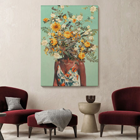 Çiçek Başlı Siyahi Afrikalı Kadın Dekoratif Kanvas Tablo, Duvar Dekoru 6079