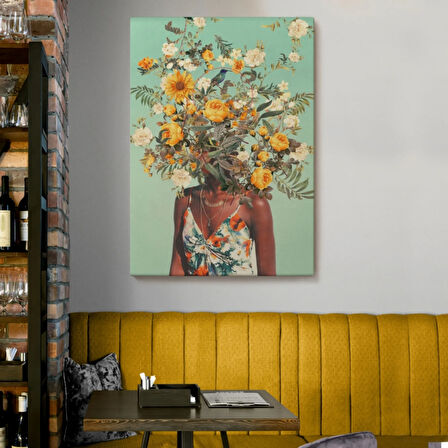 Çiçek Başlı Siyahi Afrikalı Kadın Dekoratif Kanvas Tablo, Duvar Dekoru 6079