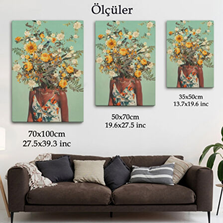 Çiçek Başlı Siyahi Afrikalı Kadın Dekoratif Kanvas Tablo, Duvar Dekoru 6079