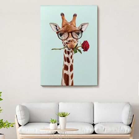 Gözlüklü Zürafa ve Ağzında Gül Dekoratif Kanvas Tablo, Duvar Dekoru 6080