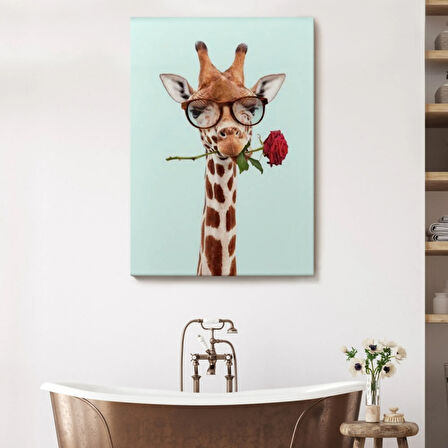 Gözlüklü Zürafa ve Ağzında Gül Dekoratif Kanvas Tablo, Duvar Dekoru 6080