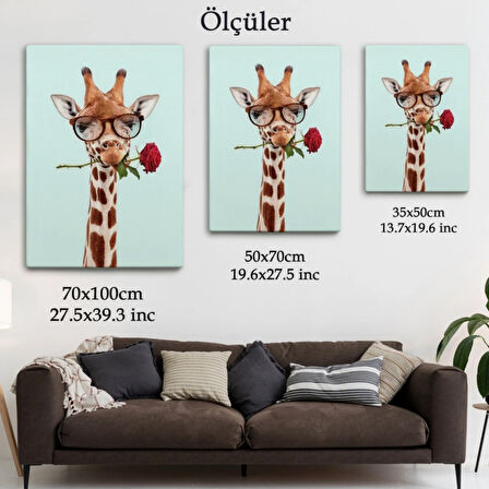 Gözlüklü Zürafa ve Ağzında Gül Dekoratif Kanvas Tablo, Duvar Dekoru 6080