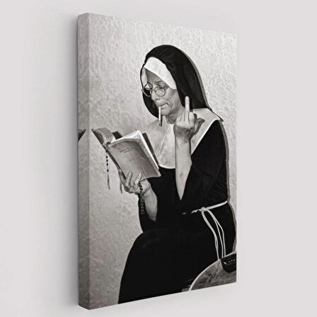 Rahibe ve Orta Parmak İşareti Dekoratif Kanvas Tablo, Duvar Dekoru 6126