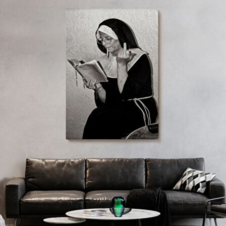 Rahibe ve Orta Parmak İşareti Dekoratif Kanvas Tablo, Duvar Dekoru 6126