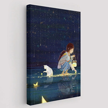 Yıldız Toplayan Kız ve Kedisi Dekoratif Kanvas Tablo, Duvar Dekoru 6129