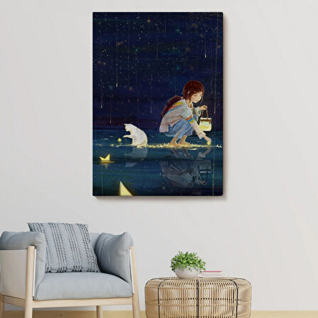 Yıldız Toplayan Kız ve Kedisi Dekoratif Kanvas Tablo, Duvar Dekoru 6129