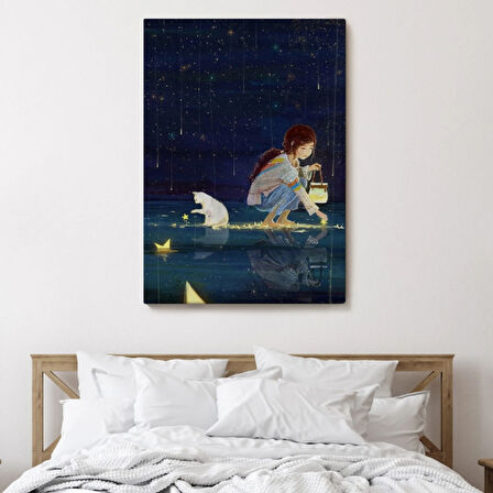 Yıldız Toplayan Kız ve Kedisi Dekoratif Kanvas Tablo, Duvar Dekoru 6129