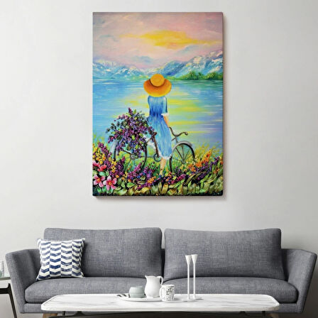 Bisikletli Kız ve Göl Kenarı Dekoratif Kanvas Tablo, Duvar Dekoru 6135