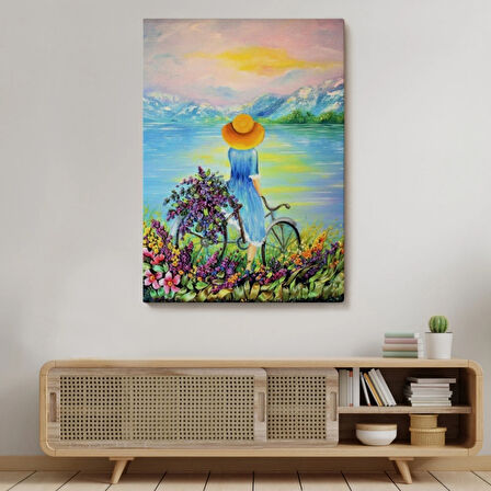 Bisikletli Kız ve Göl Kenarı Dekoratif Kanvas Tablo, Duvar Dekoru 6135