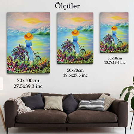 Bisikletli Kız ve Göl Kenarı Dekoratif Kanvas Tablo, Duvar Dekoru 6135