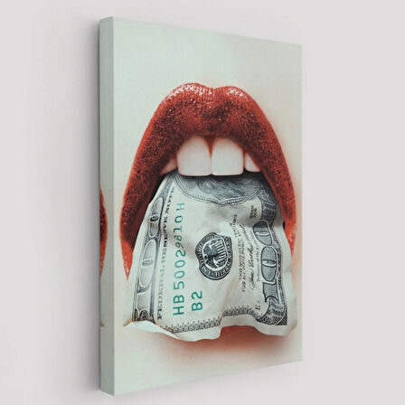 Kadın ve Ağzındaki Dolar Dekoratif Kanvas Tablo, Duvar Dekoru 6260