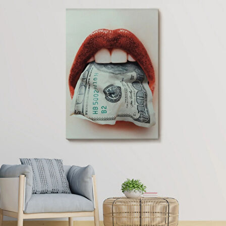 Kadın ve Ağzındaki Dolar Dekoratif Kanvas Tablo, Duvar Dekoru 6260