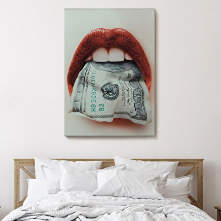 Kadın ve Ağzındaki Dolar Dekoratif Kanvas Tablo, Duvar Dekoru 6260