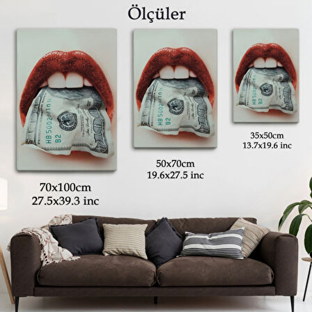Kadın ve Ağzındaki Dolar Dekoratif Kanvas Tablo, Duvar Dekoru 6260