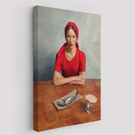 Balık ve Kırmızı Kıyafetli Kız Dekoratif Kanvas Tablo, Duvar Dekoru 6264