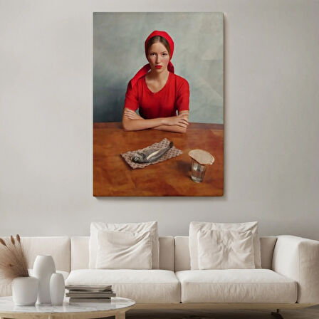 Balık ve Kırmızı Kıyafetli Kız Dekoratif Kanvas Tablo, Duvar Dekoru 6264