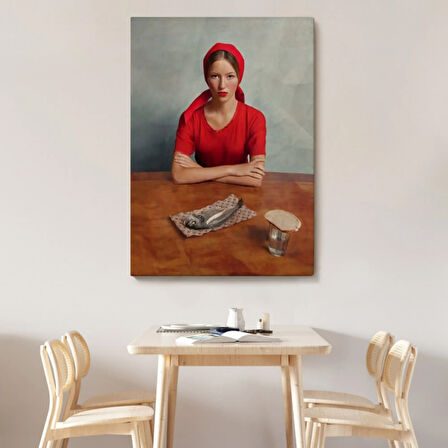 Balık ve Kırmızı Kıyafetli Kız Dekoratif Kanvas Tablo, Duvar Dekoru 6264