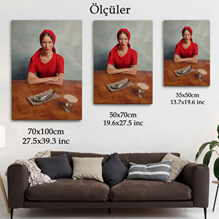 Balık ve Kırmızı Kıyafetli Kız Dekoratif Kanvas Tablo, Duvar Dekoru 6264