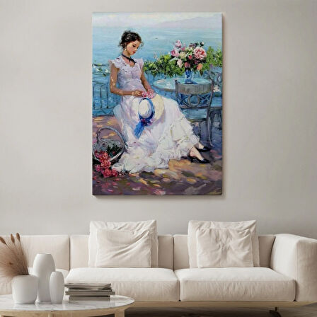 Terastaki Güzel Kadın Beyaz Elbisesi ile Dekoratif Kanvas Tablo, Duvar Dekoru 6273