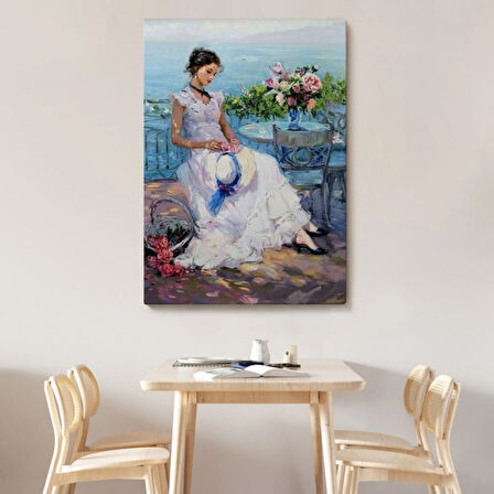 Terastaki Güzel Kadın Beyaz Elbisesi ile Dekoratif Kanvas Tablo, Duvar Dekoru 6273