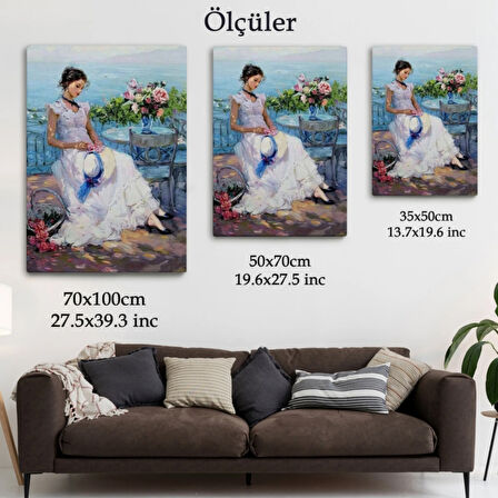 Terastaki Güzel Kadın Beyaz Elbisesi ile Dekoratif Kanvas Tablo, Duvar Dekoru 6273