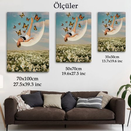 Papatya Tarlası ve Mutlu Kadın Dekoratif Kanvas Tablo, Duvar Dekoru 6274