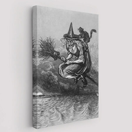 Süpürgeli Yaşlı Cadı ve Kedisi, Cadılar Bayramı Dekoratif Kanvas Tablo, Duvar Dekoru 6304