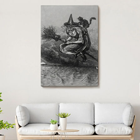 Süpürgeli Yaşlı Cadı ve Kedisi, Cadılar Bayramı Dekoratif Kanvas Tablo, Duvar Dekoru 6304