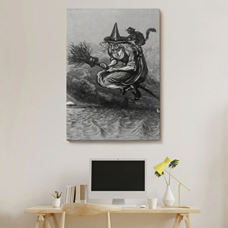 Süpürgeli Yaşlı Cadı ve Kedisi, Cadılar Bayramı Dekoratif Kanvas Tablo, Duvar Dekoru 6304