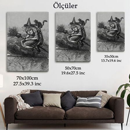 Süpürgeli Yaşlı Cadı ve Kedisi, Cadılar Bayramı Dekoratif Kanvas Tablo, Duvar Dekoru 6304