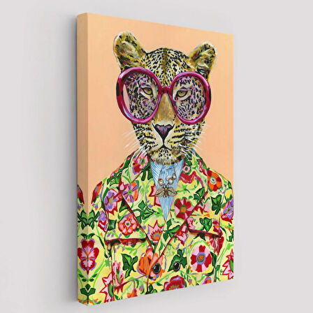 Sosyete Kokoş Leopar ve Çiçek Tacı Dekoratif Kanvas Tablo, Duvar Dekoru 6325