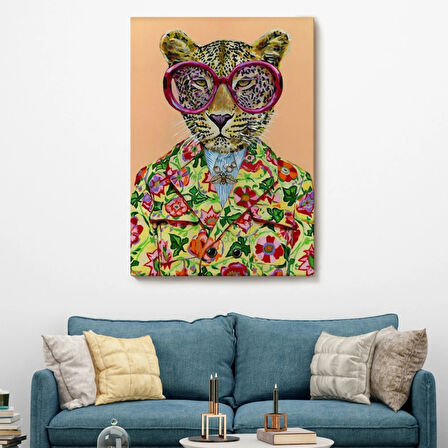 Sosyete Kokoş Leopar ve Çiçek Tacı Dekoratif Kanvas Tablo, Duvar Dekoru 6325